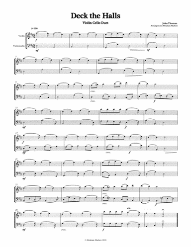 Deck The Halls Violin Cello Duet-Three Tonalities Included (arr. Abraham Maduro)