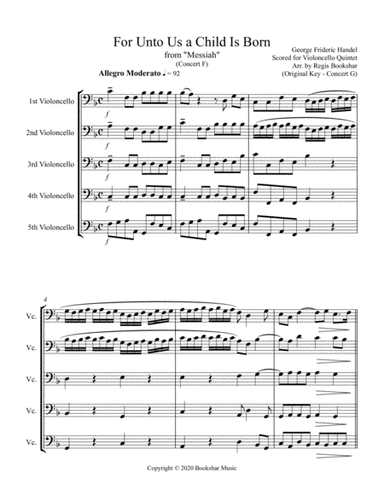 For Unto Us a Child is Born (from "Messiah") (F) (Violoncello Quintet) (arr. Regis Bookshar)