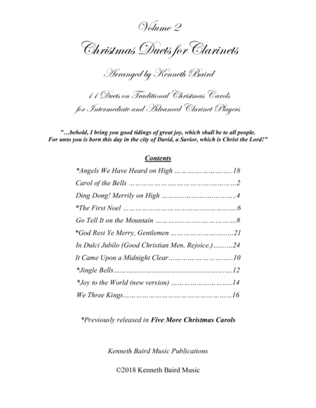 Christmas Duets, Volume 2, for Clarinets (arr. Kenneth Baird)