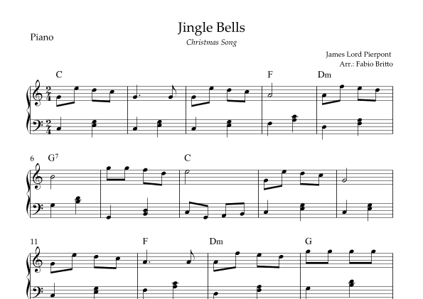 Jingle Bells (Christmas Song) for Easy Piano Solo with Chords (C Major) (arr. Fabio Britto)