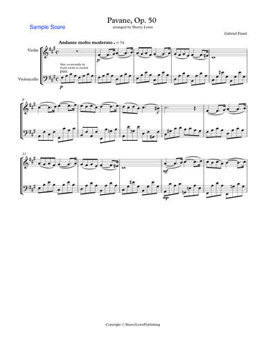 PAVANE Op. 50 by Fauré, String Duo, Intermediate Level for violin and cello (arr. Sherry Lewis)