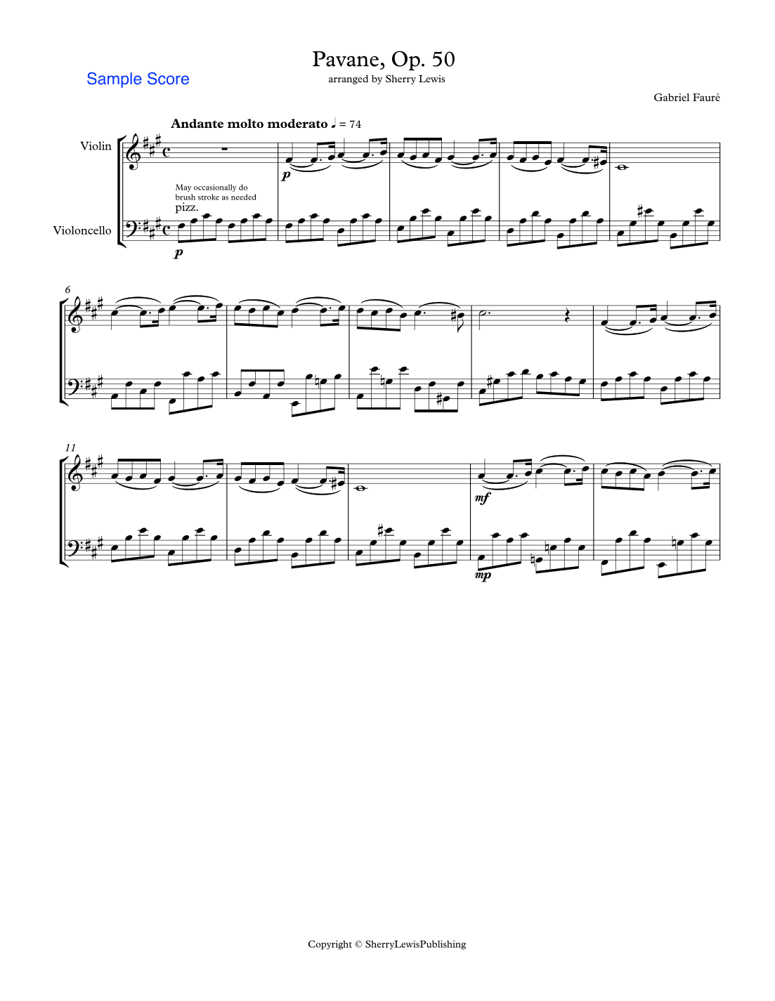 PAVANE Op. 50 by Fauré, String Duo, Intermediate Level for violin and cello (arr. Sherry Lewis)