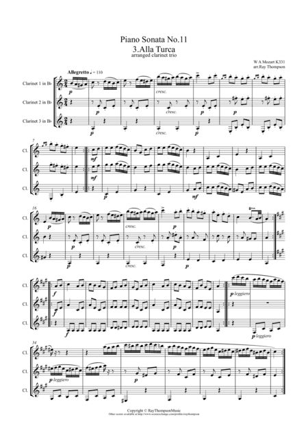 Mozart: Piano Sonata No.11 in A K331 Mvt. III. Rondo Alla Turca (Turkish March) - clarinet trio (arr. Ray Thompson)