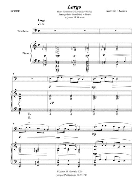 Dvorák: Largo from the New World Symphony for Trombone & Piano (arr. James M. Guthrie, ASCAP)