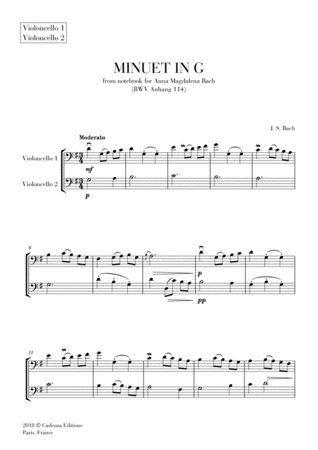 Minuet in G (from Anna Magdalena Notebook) for Cello duet (arr. Cadenza Editions)