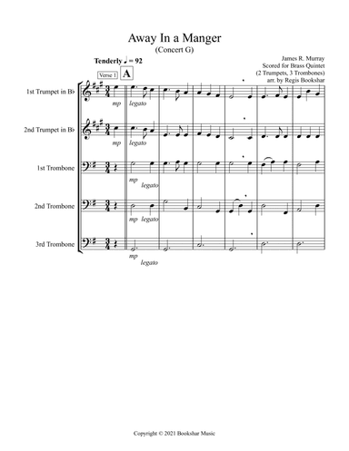 Away in a Manger (G) (Brass Quintet - 2 Trp, 3 Trb) (arr. Regis Bookshar)