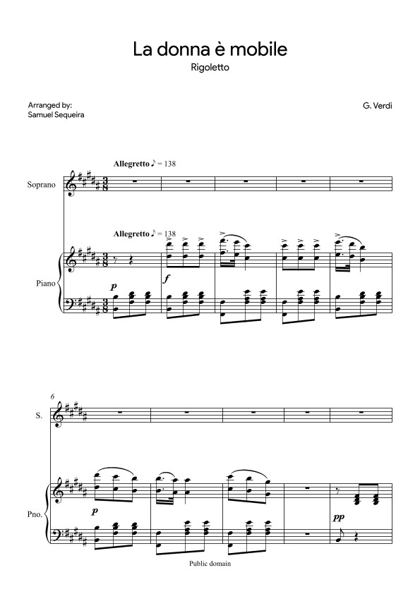 La donna è mobile - for soprano- in B (arr. Samuel Sequeira)