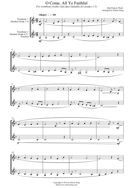O Come, All Ye Faithful (for trombone duet (treble clef), suitable for grades 1-5) (arr. Edwin Sung)