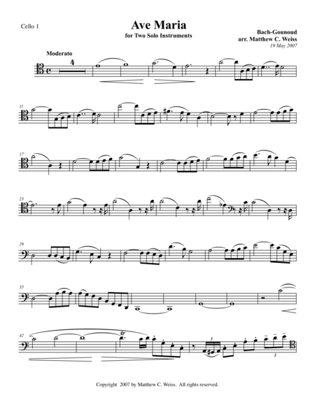 Ave Maria for Two Solo Instruments - Cello 1 (arr. Matthew C. Weiss)