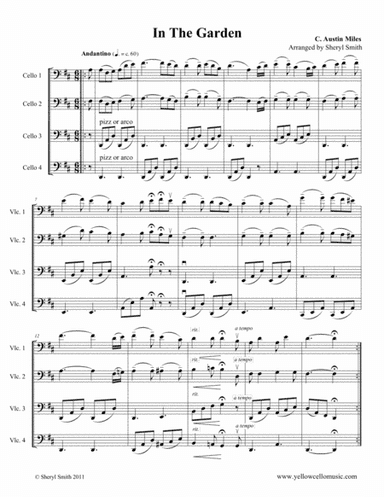 In The Garden, a traditional Christian hymn arranged for four intermediate cellists (cello quartet, (arr. Yellow Cello Music)