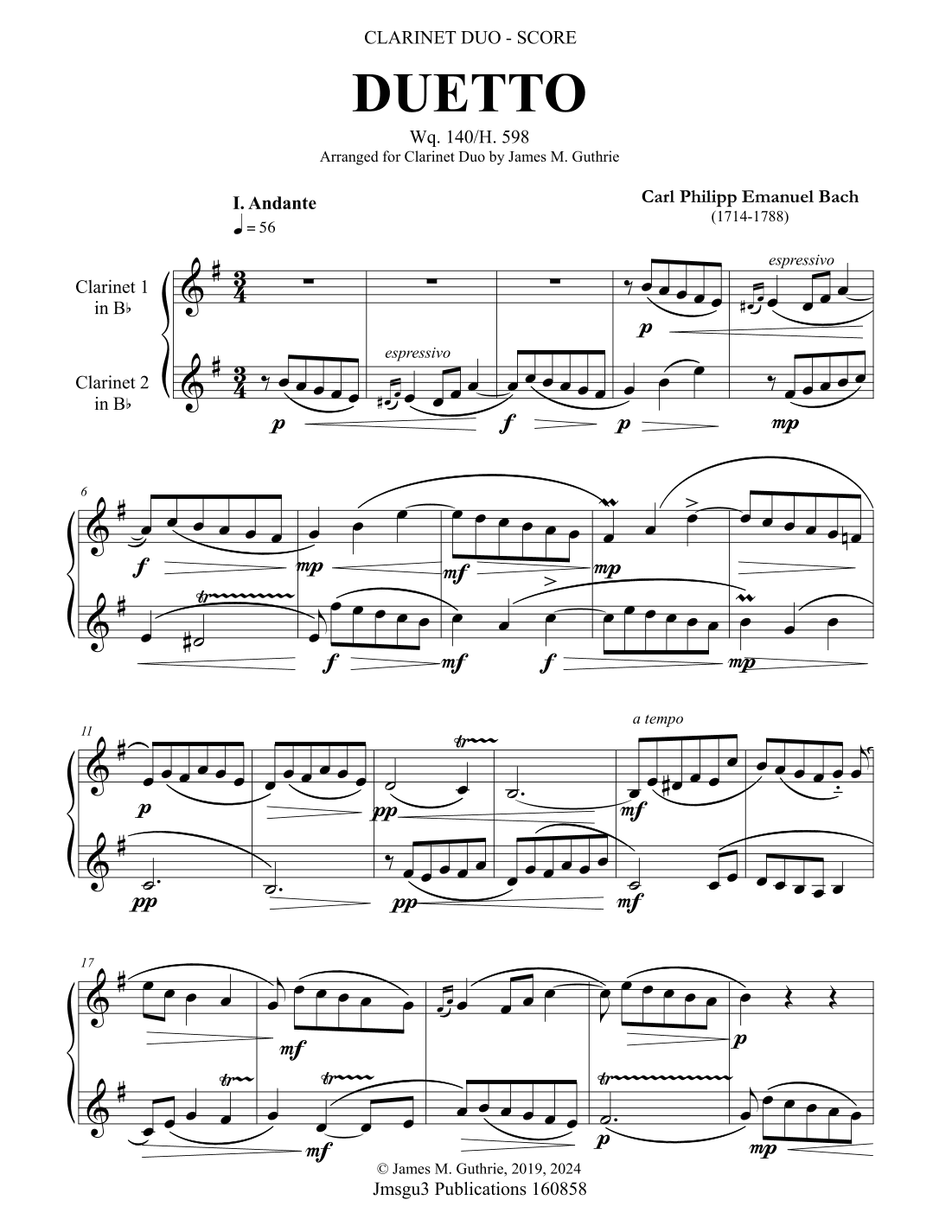 CPE Bach: Duetto Wq. 140 for Clarinet Duo (arr. James M. Guthrie, ASCAP)