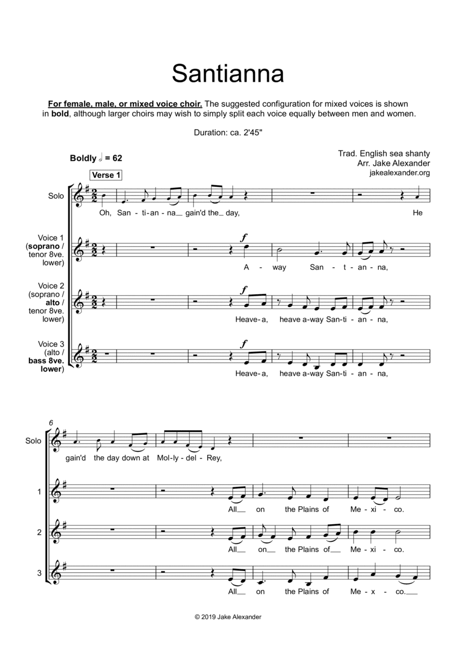Santianna - SSA/TTB/SAB a cappella (arr. Jake Alexander)