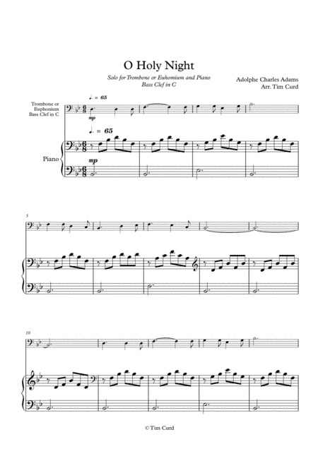 O Holy Night. For Solo Trombone/Euphonium in C (bass clef) and Piano (arr. Tim Curd)
