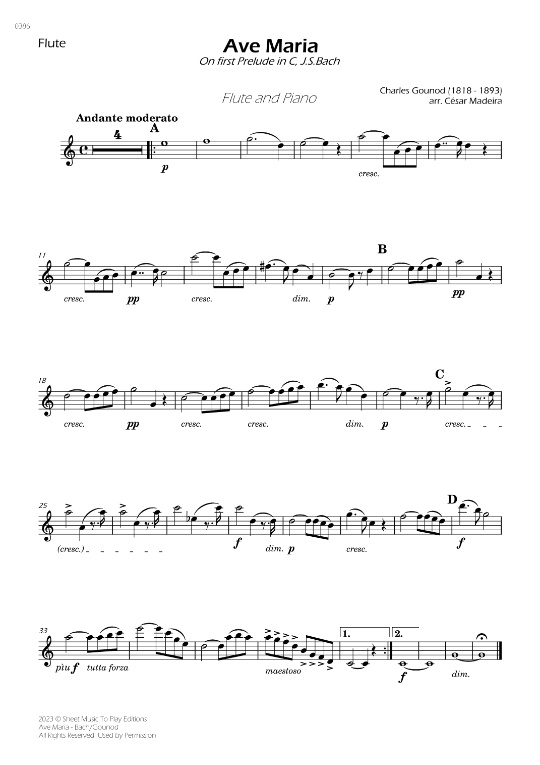 Ave Maria by Bach/Gounod - Flute and Piano (Individual Parts) (arr. César Madeira)