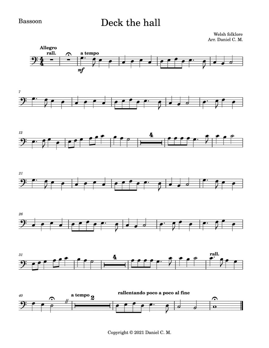 Deck the hall for bassoon and piano (arr. Daniel C. M.)