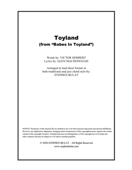 Toyland (from "Babes In Toyland") - Lead sheet arranged in traditional and jazz style (key of G) (arr. Stephen Bulat)