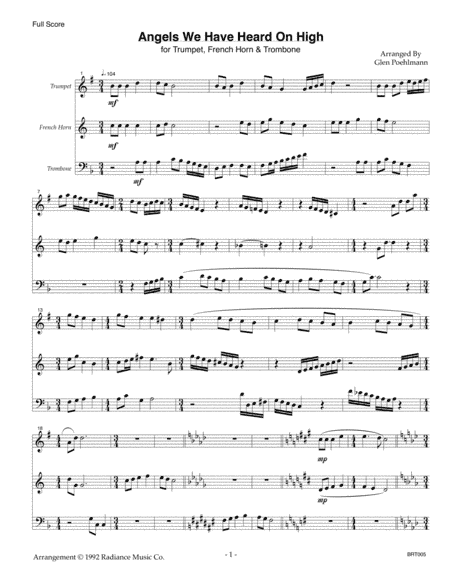 7 CHRISTMAS CAROLS arranged for BRASS TRIO (Trumpet - Horn/Trumpet/Trombone/Alto - Trombone (arr. Glen Poehlmann)