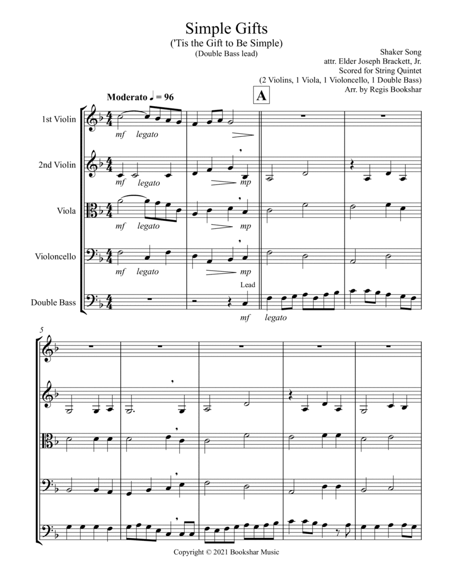 Simple Gifts ('Tis the Gift to Be Simple) (F) (String Quintet - 2 Violins, 1 Viola, 1 Cello, 1 Bass) (arr. Regis Bookshar)