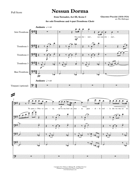 Nessun Dorma for Solo Trombone & 4-part Trombone Choir w. opt. Timpani (arr. Ballenger, Wes)