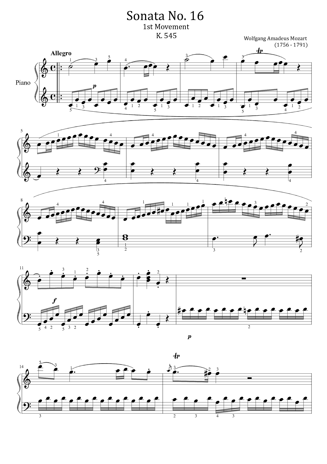 Sonata No. 16 - 1st Movement - K. 545 - Mozart - With Finger (arr. poon)