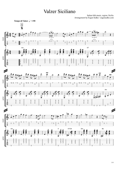 Valzer Siciliano mandolin and guitar duo, score and tab, Sicilian folk music (arr. Eugen Sedko)