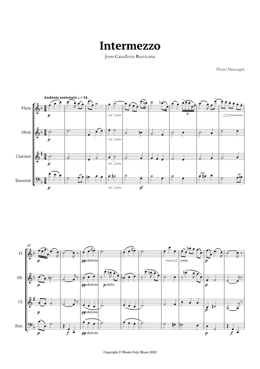 Intermezzo from Cavalleria Rusticana by Mascagni for Woodwind Quartet (arr. Ander)