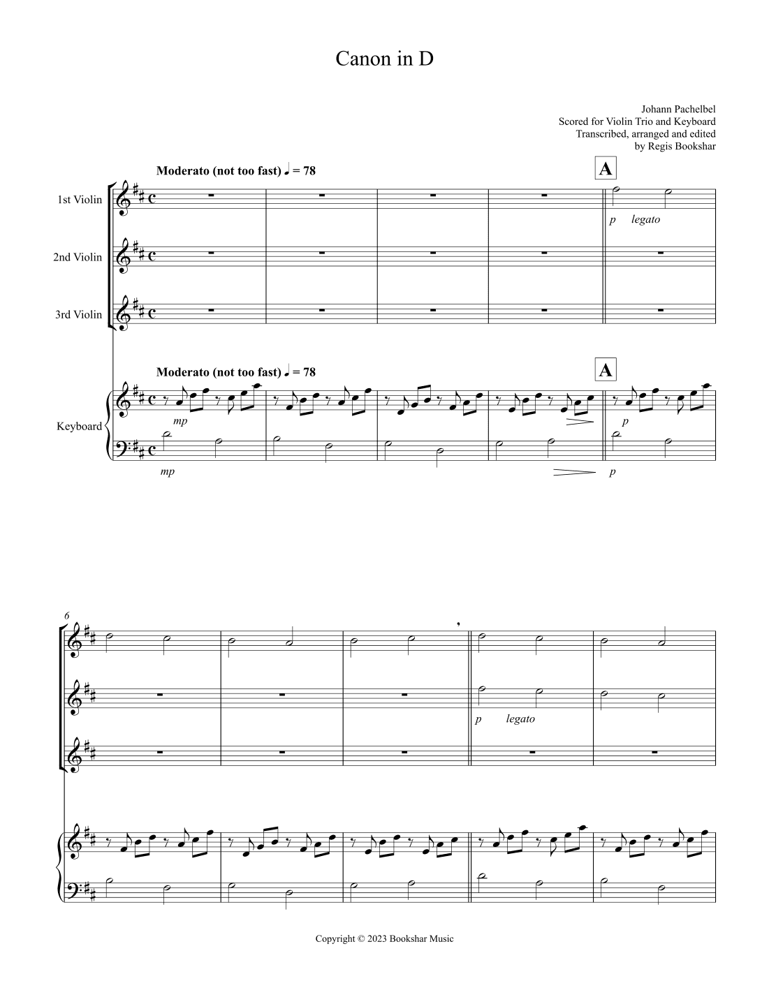 Canon in D (Pachelbel) (D) (Violin Trio, Keyboard) (arr. Regis Bookshar)