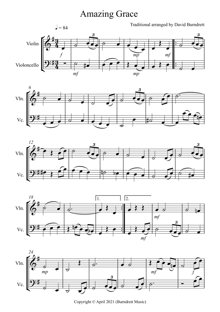 Amazing Grace for Violin and Cello Duet (arr. David Burndrett)