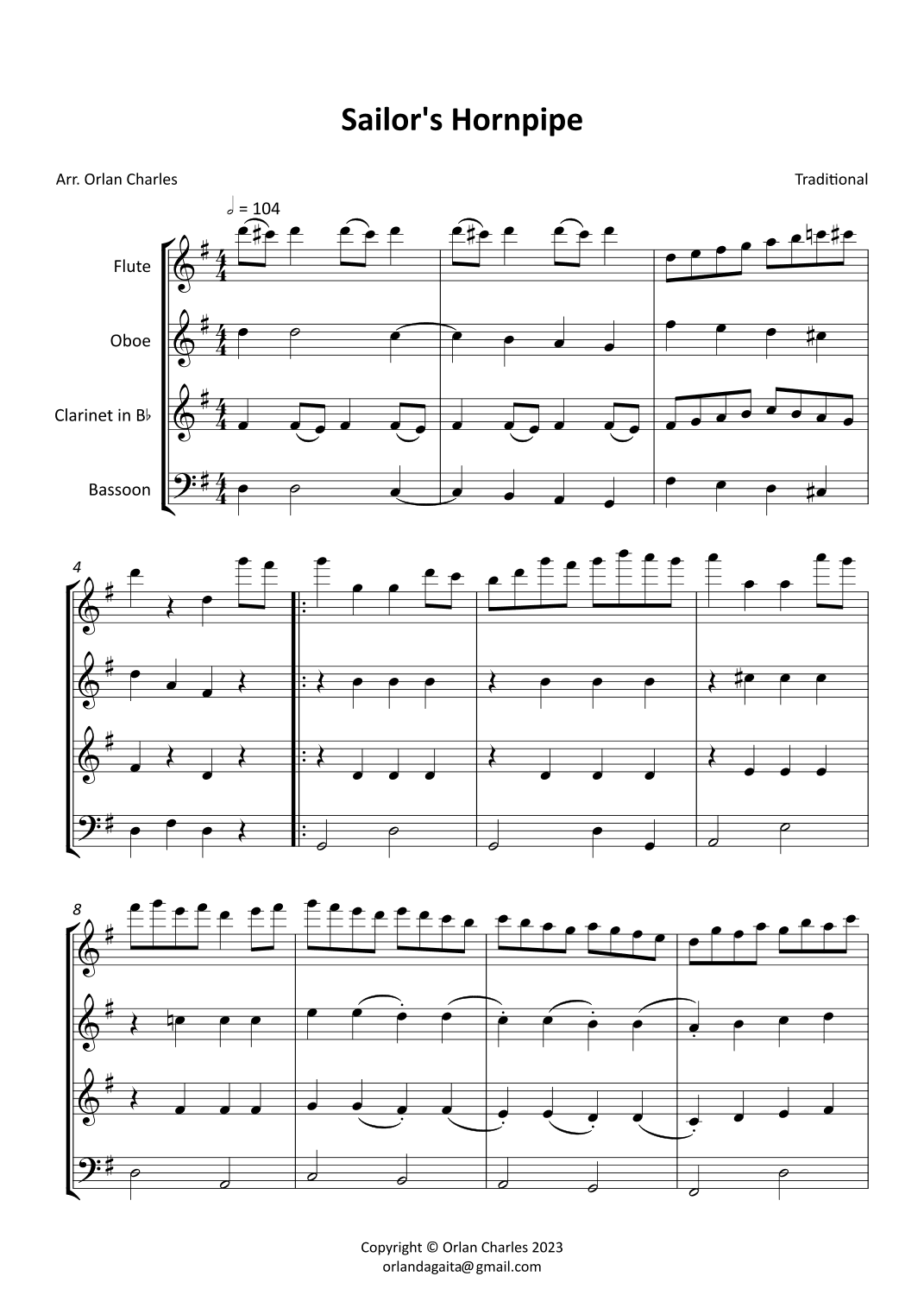 Sailor's Hornpipe - arranged for woodwind quartet (arr. Orlan Charles)