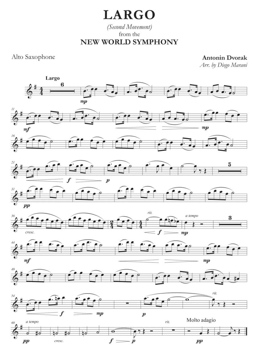 Largo from "New World Symphony" for Alto Saxophone and Piano (arr. Diego Marani)