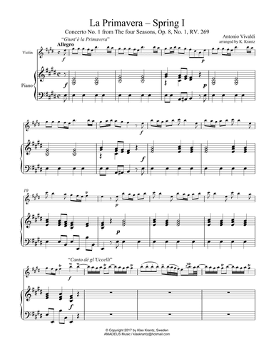 Allegro (i) from La Primavera (Spring) RV. 269 for violin and piano (arr. K. Krantz)