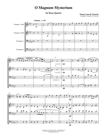 O Magnum Mysterium, Renaissance Christmas Motet for Brass Quartet (arr. Converse, Andrew)