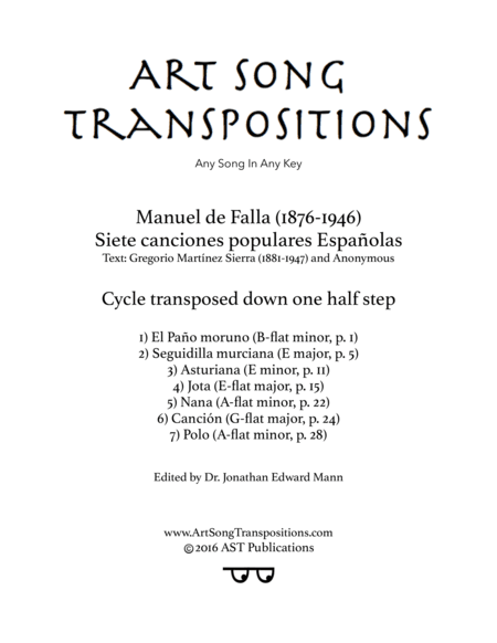 DE FALLA: Siete Canciones Populares Españolas (transposed down one half step) (arr. ArtSongTranspositions.com)