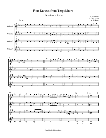 Four Dances from Terpsichore (Guitar Quartet) - Score and Parts (arr. Kevin Love)