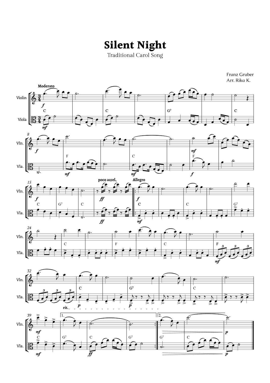 Silent Night for Violin and Viola Duet (arr. Rika K.)