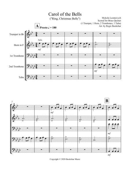Carol of the Bells (F min) (Brass Quintet - 1 Trp, 1 Hrn, 2 Trb, 1 Tuba) (arr. Regis Bookshar)