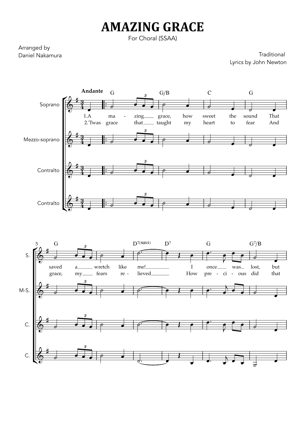 Amazing Grace (for Choral - SSAA) (arr. Daniel Nakamura)