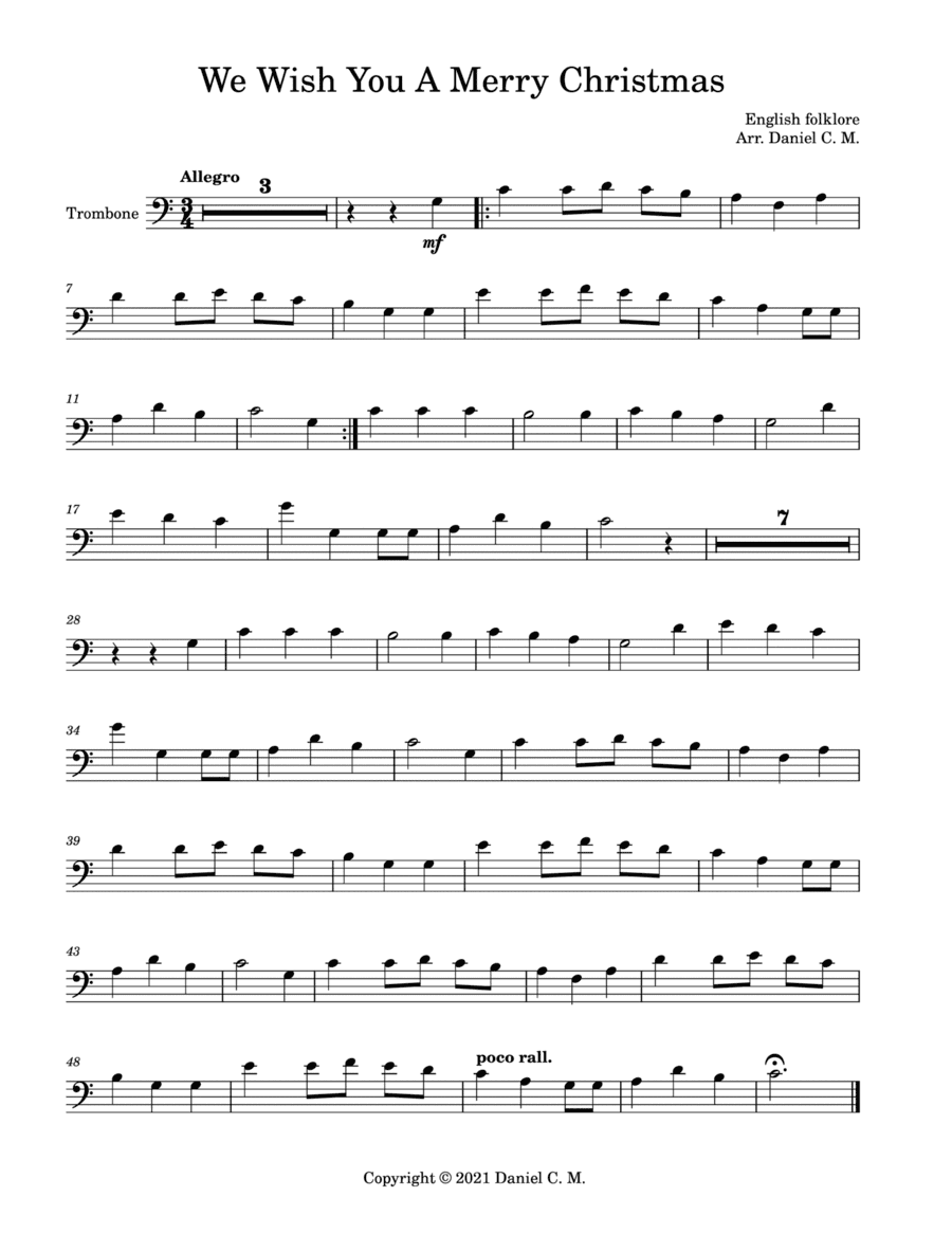 We Wish You A Merry Christmas for trombone and piano (easy) (arr. Daniel C. M.)