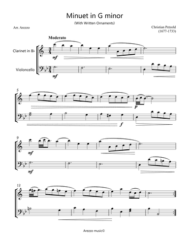 Minuet in G minor BWV Anh 115 - Clarinet and Cello - Written ornaments (arr. Arezzo Music)