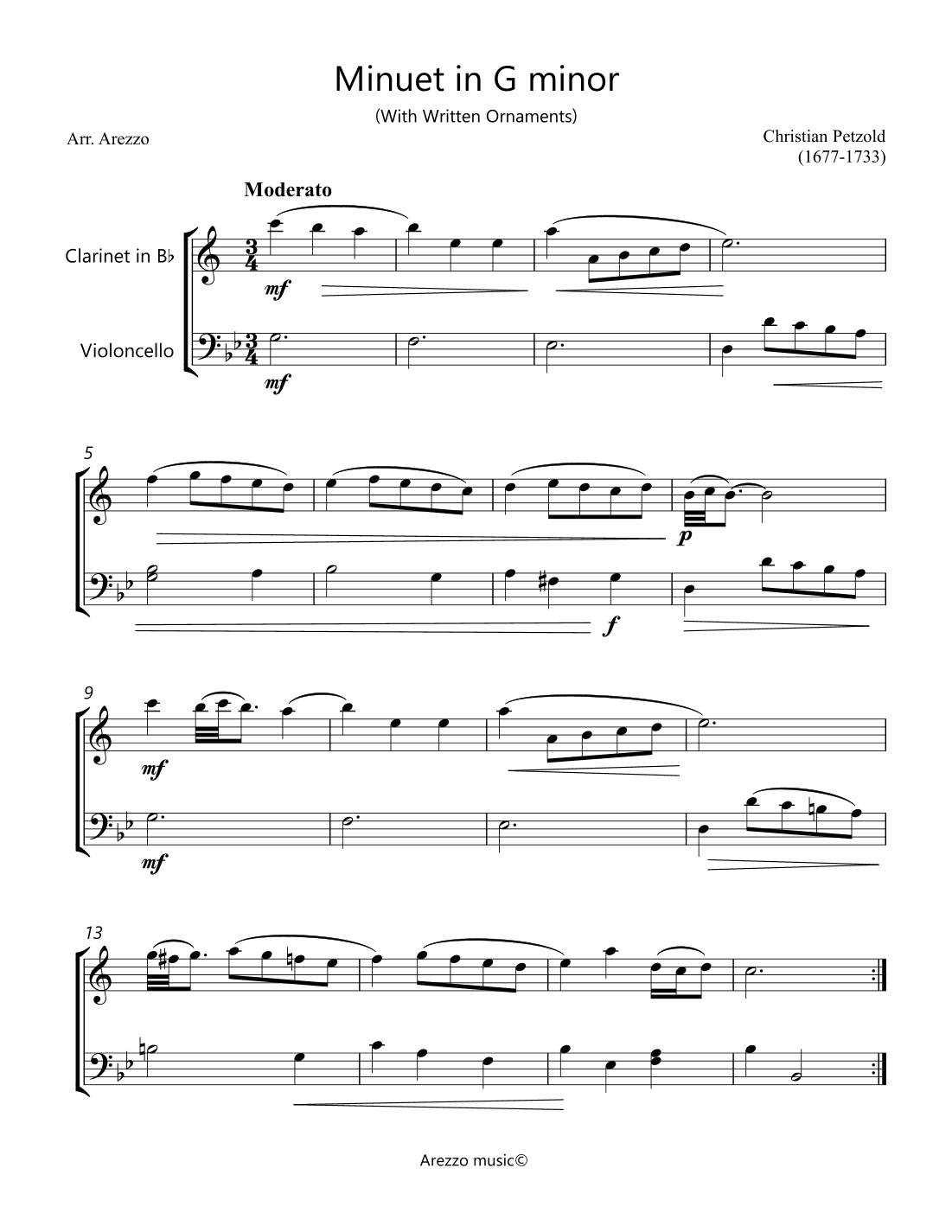 Minuet in G minor BWV Anh 115 - Clarinet and Cello - Written ornaments (arr. Arezzo Music)