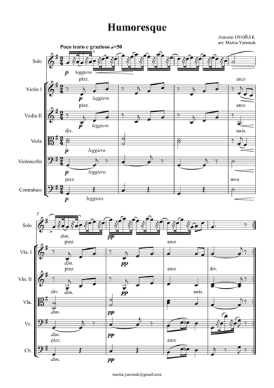 Dvorak – Humoresque (for string orchestra and a solo instrument) (arr. Mariia Yaremak)