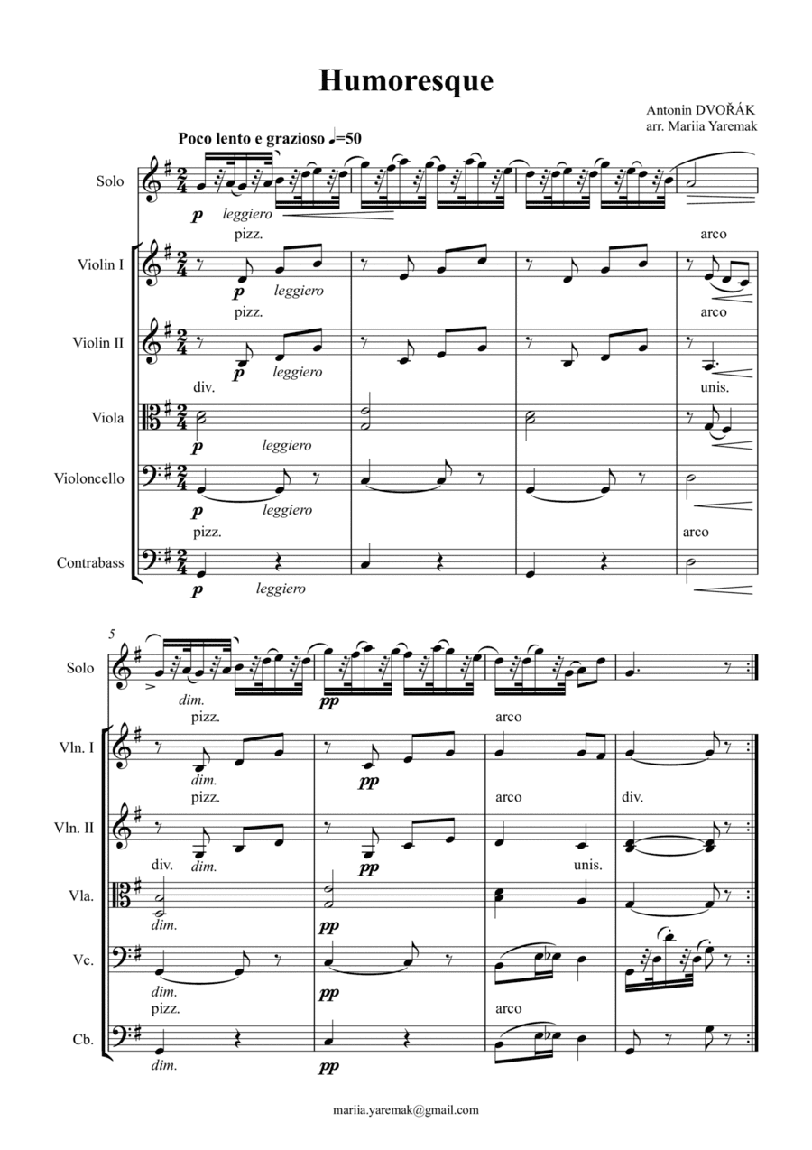 Dvorak – Humoresque (for string orchestra and a solo instrument) (arr. Mariia Yaremak)