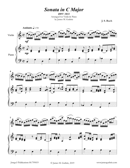 BACH: Sonata BWV 1033 for Violin & Piano (arr. James Guthrie, ASCAP)