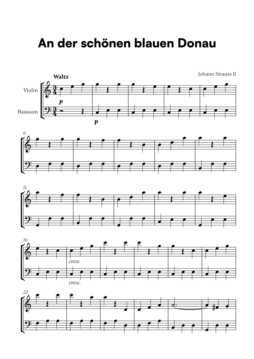 Johann Strauss II - An der scho¨nen blauen Donau for Violin and Bassoon (arr. Cadenza Editions)