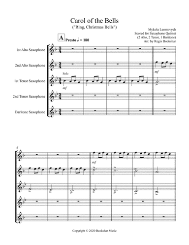 Carol of the Bells (F min) (Saxophone Quintet - 2 Alto, 2 Ten, 1 Bari) (arr. Regis Bookshar)