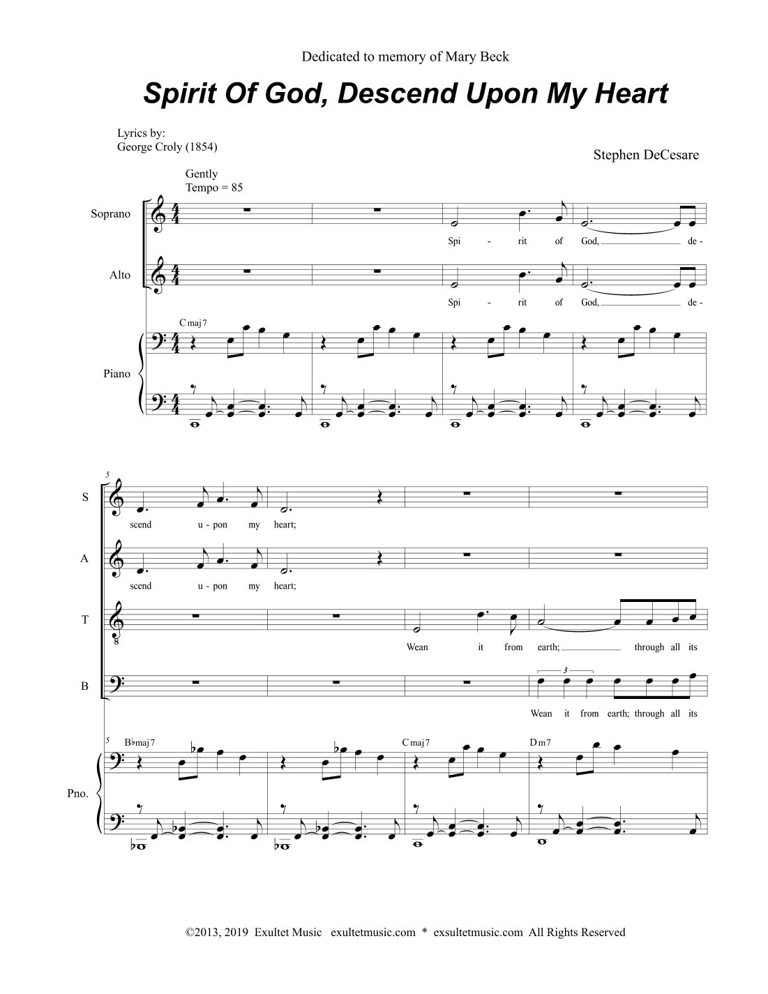 Spirit Of God, Descend Upon My Heart (SATB)