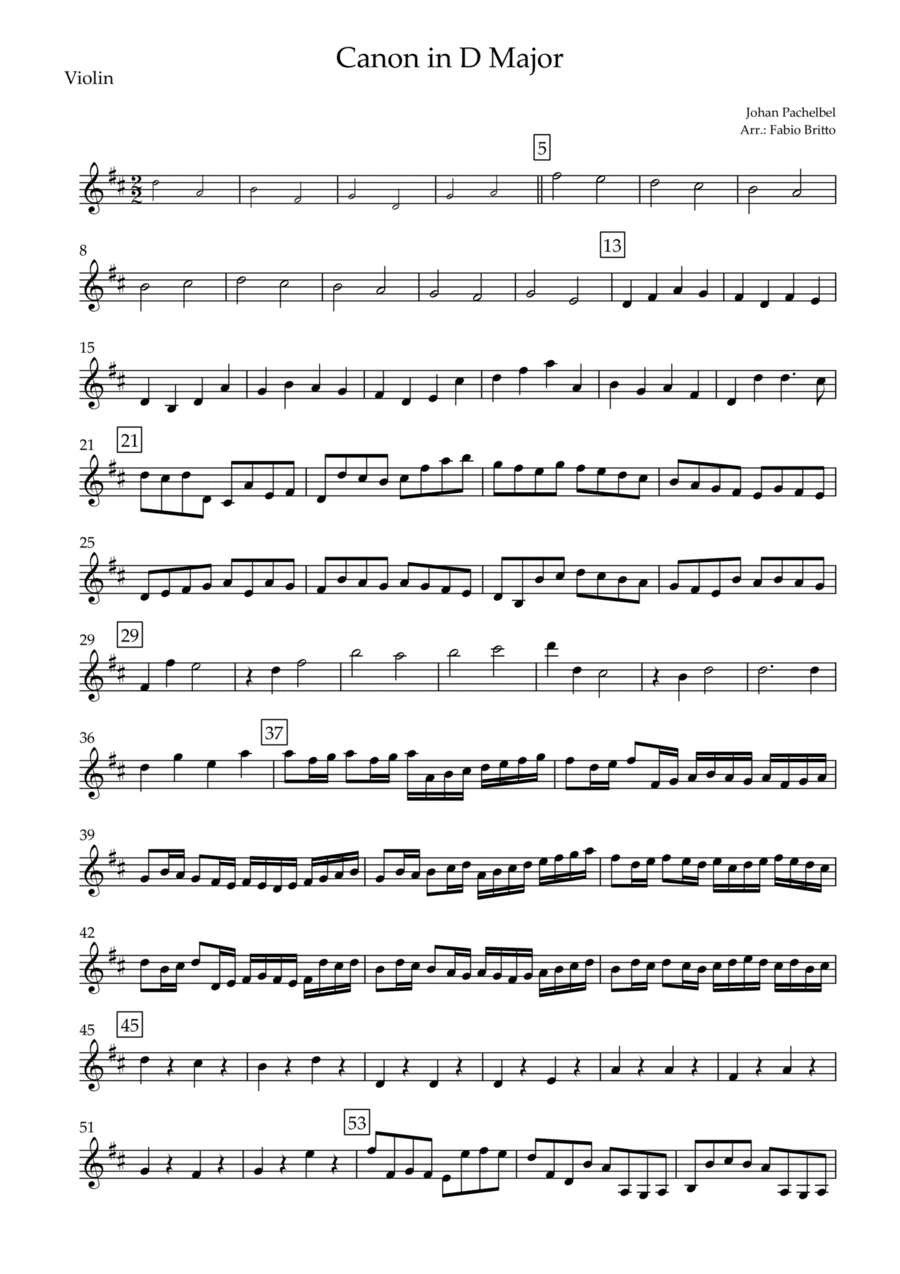 Canon in D Major (J. Pachelbel) for Violin Solo (arr. Fabio Britto)