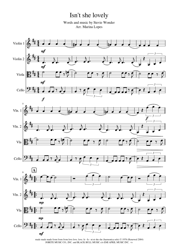 Isn't She Lovely (arr. Marina Lopes)