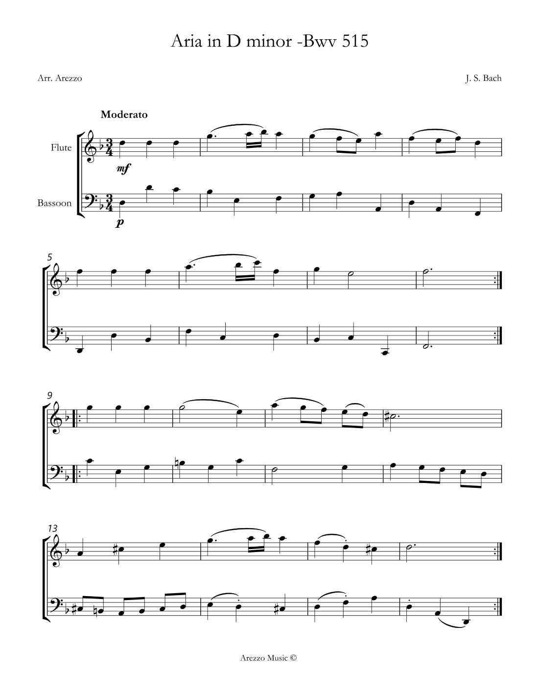 Bach bwv 515 aria flute and basoon sheet music (arr. Arezzo Music)