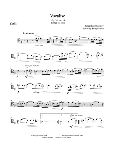 Vocalise, arranged for cello.  E minor and C# minor versions, cello part only (arr. Yellow Cello Music)